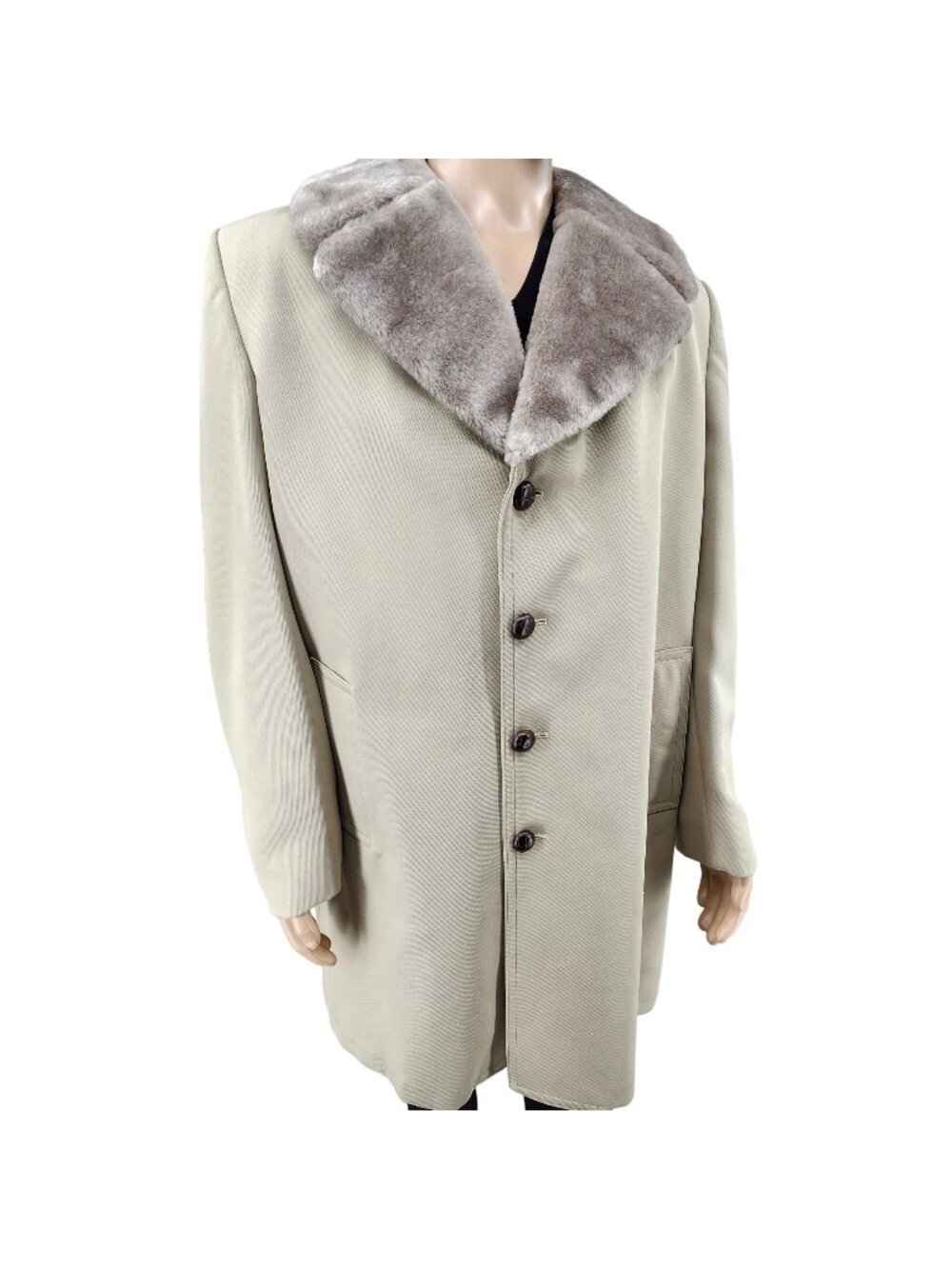 Vintage London Fog Mens Beige Overcoat With Faux Fur Lining, Men's 44L